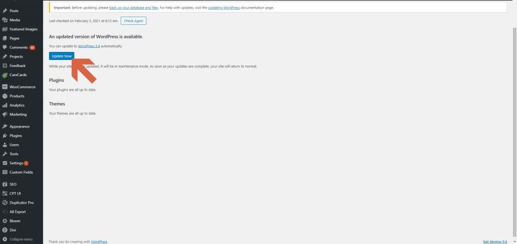 Screenshot showing that an updated version of WordPress is available • WordPress Troubleshooting Tips