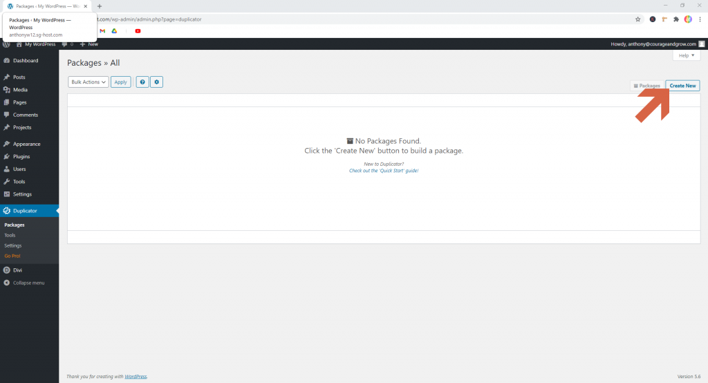Screenshot showing how to create a new package in Duplicator • WordPress Troubleshooting Tips