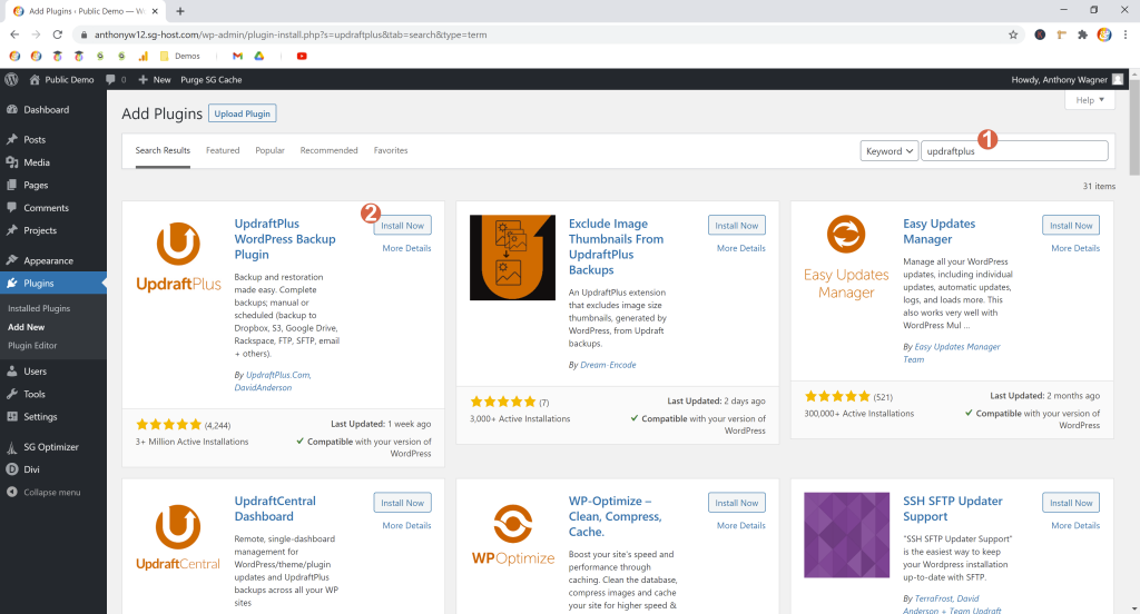 Screenshot showing how to install updraftplus • Automatic WordPress Backups