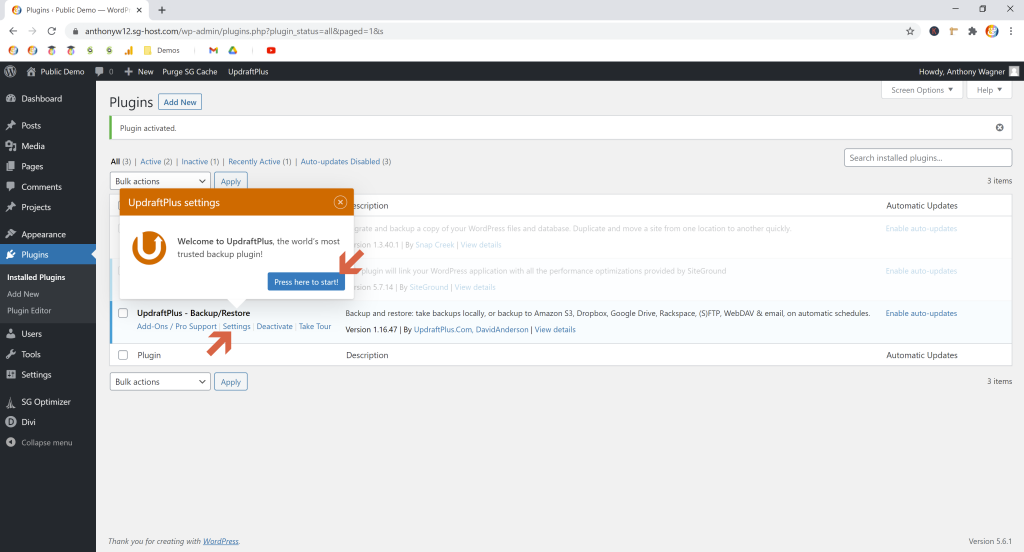 Screenshot showing where to go to start changing updraftplus settings • Automatic WordPress Backups