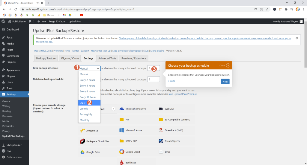 Screenshot showing which updraftplus scheduling settings to select • Automatic WordPress Backups
