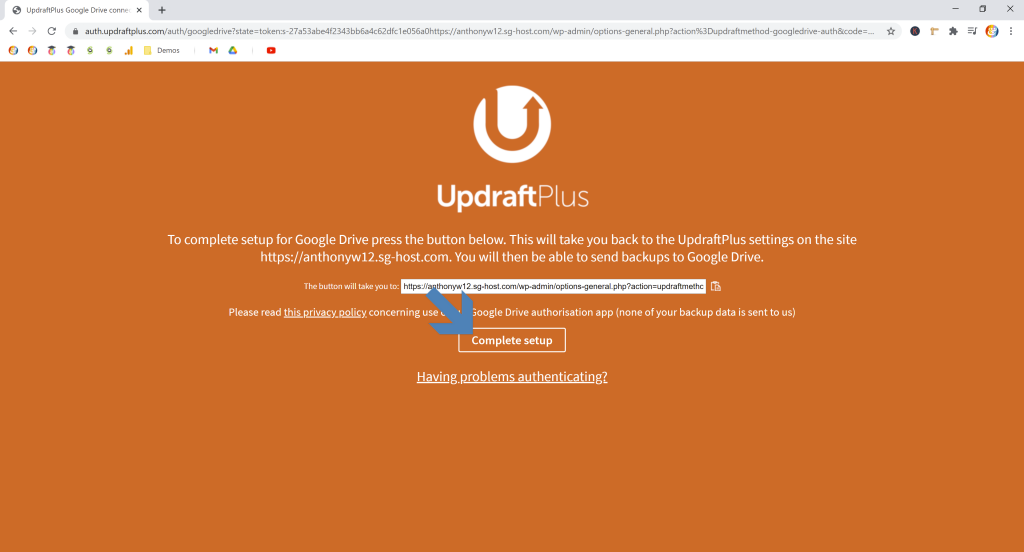 Screenshot showing updraftplus landing page for completing cloud storage authentication and returning to the plugin • Automatic WordPress Backups