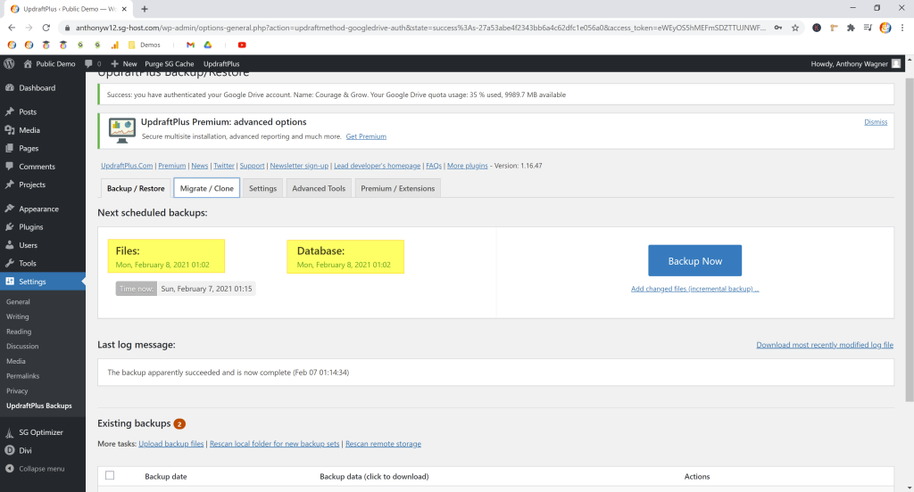 Screenshot showing which times updraftplus selected for my automatic backups • Automatic WordPress Backups