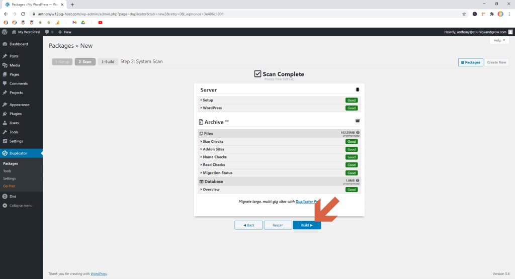 Screenshot showing a completed Duplicator scan • WordPress Troubleshooting Tips