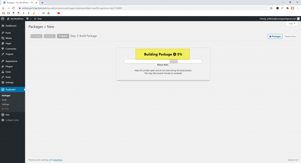 Screenshot showing a package being built in Duplicator • WordPress Troubleshooting Tips