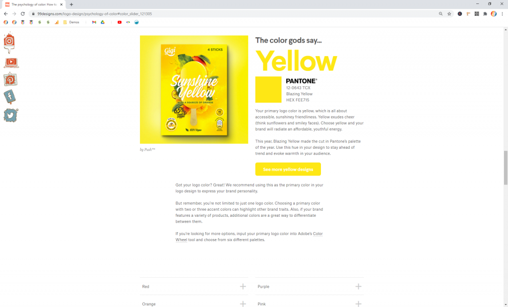 Screenshot showing 99d's selection of Yellow as a Primary Color • Choose Website Colors