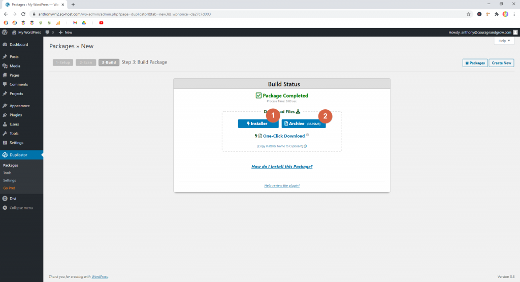 Screenshot showing how to download a built package in Duplicator • WordPress Troubleshooting Tips