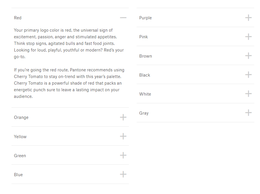 Screenshot showing 99d's descriptions of the psychology of various colors • Choose Website Colors